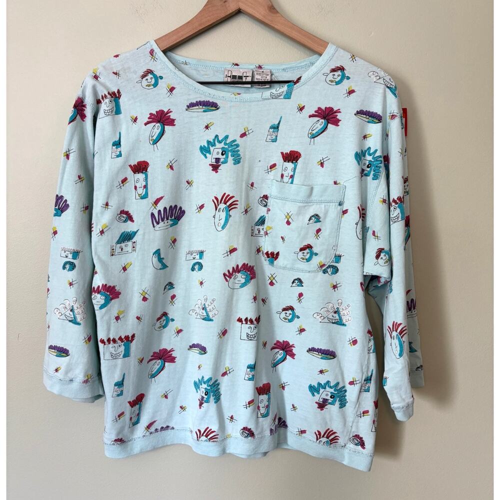 Vintage 80s Blue Robot Space Print 3/4 Sleeve Top Shirt M